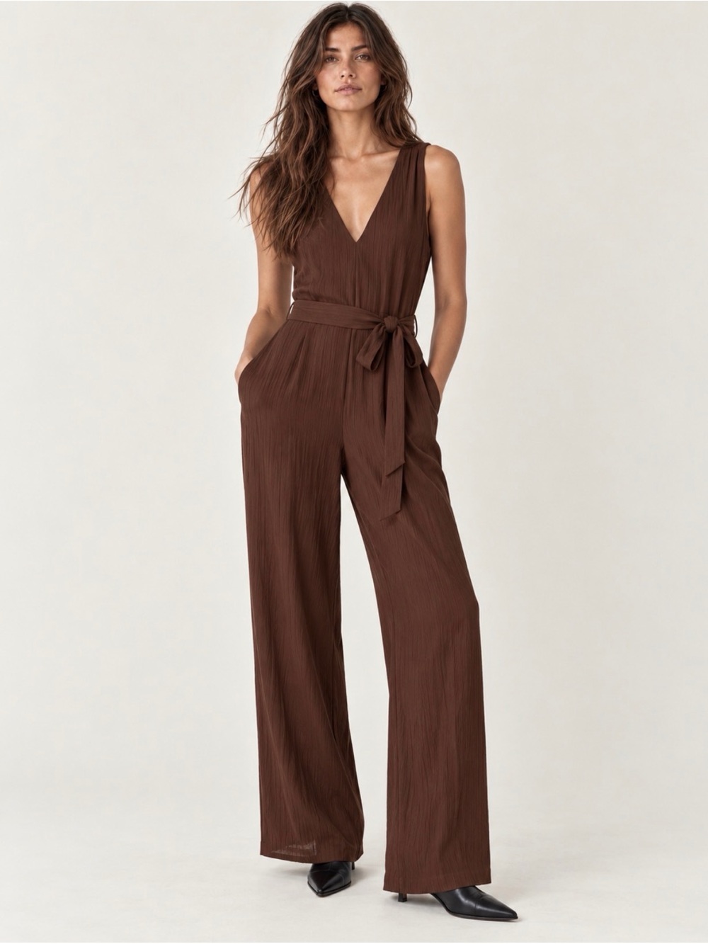 Mango Brown Flowy Belted Wide Leg Jumpsuit Size L